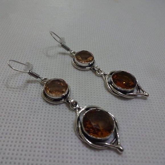 Beautiful "AMBER TOPAZ & MORGANITE" Handmade Sterling Dangle Earrings #759A - Picture 2 of 3